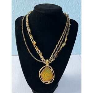 Boho Multi Strand Necklace Gold Tone Large Teardrop Pendant Statement